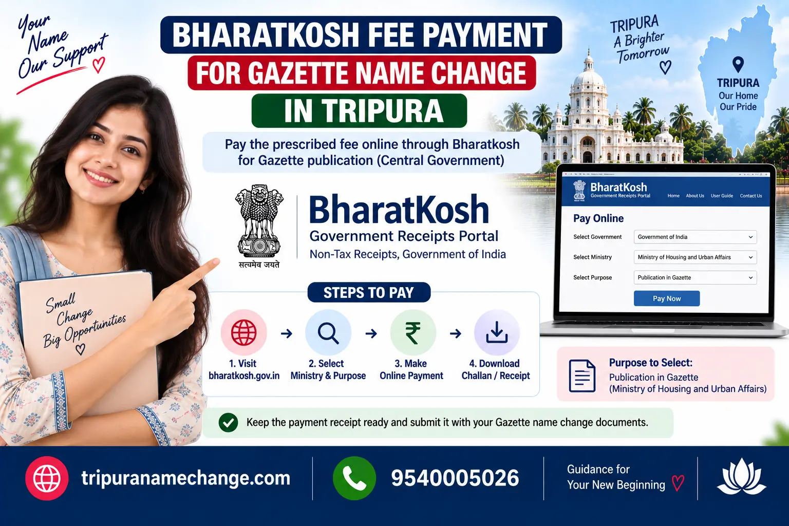BharatKosh fee payment for Gazette name change from Tripura, step by step