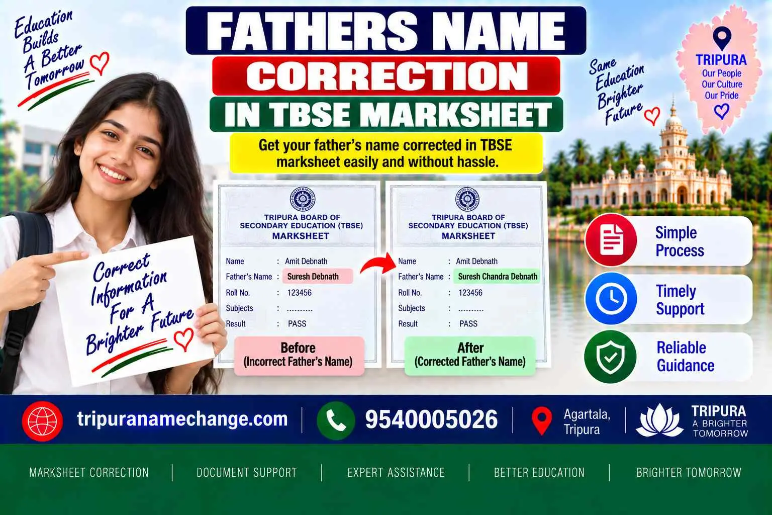 Father's name correction in a TBSE mark sheet through the school and the admission register