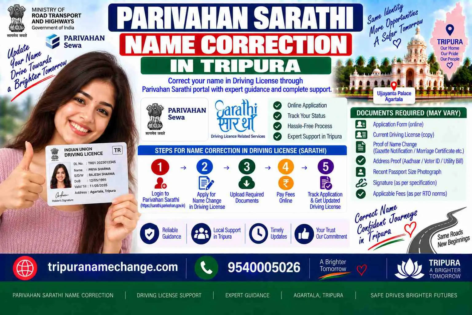 Parivahan Sarathi name correction for a Tripura driving licence, screen by screen
