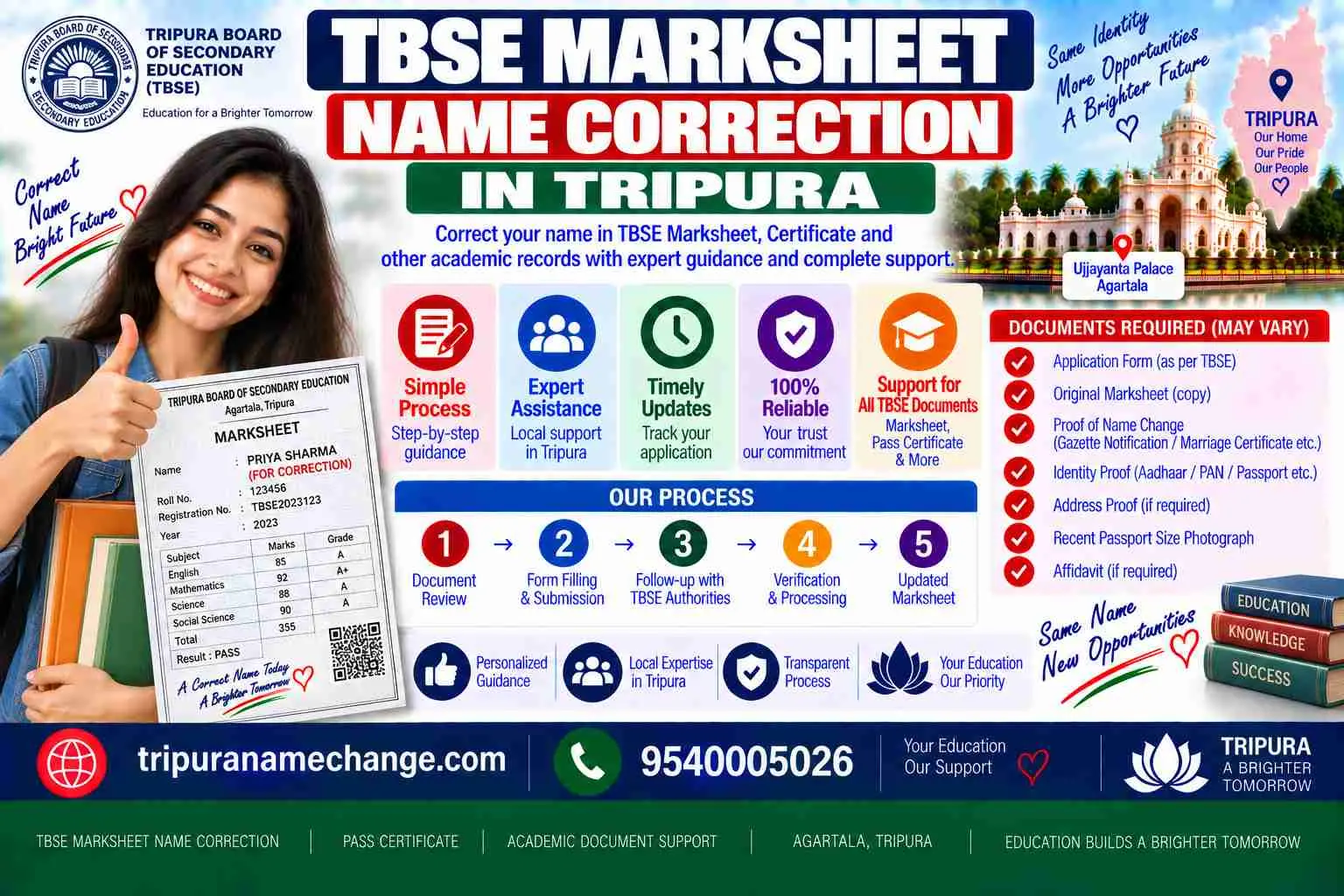 TBSE marksheet name correction in Tripura through the school to the Board at Kunjaban, Agartala